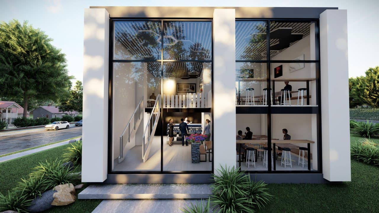 The cafe presents a welcoming street presence while maintaining visual connection to the activity within.