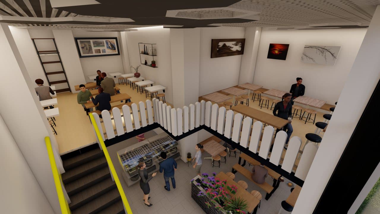 Hexagonal acoustic panels add visual rhythm while managing sound in the double-height space.