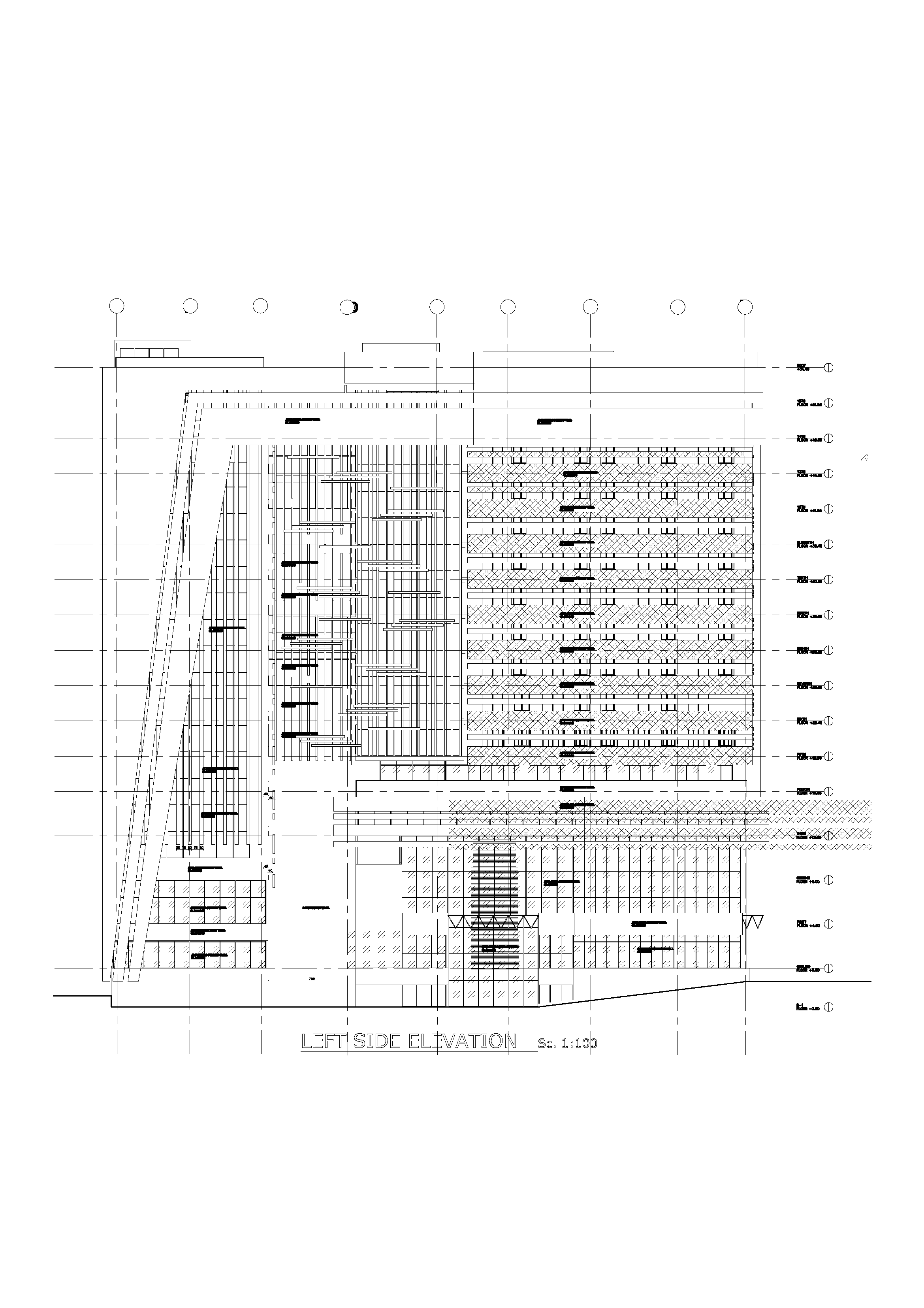 Left elevation showing the stepped massing from podium to tower.