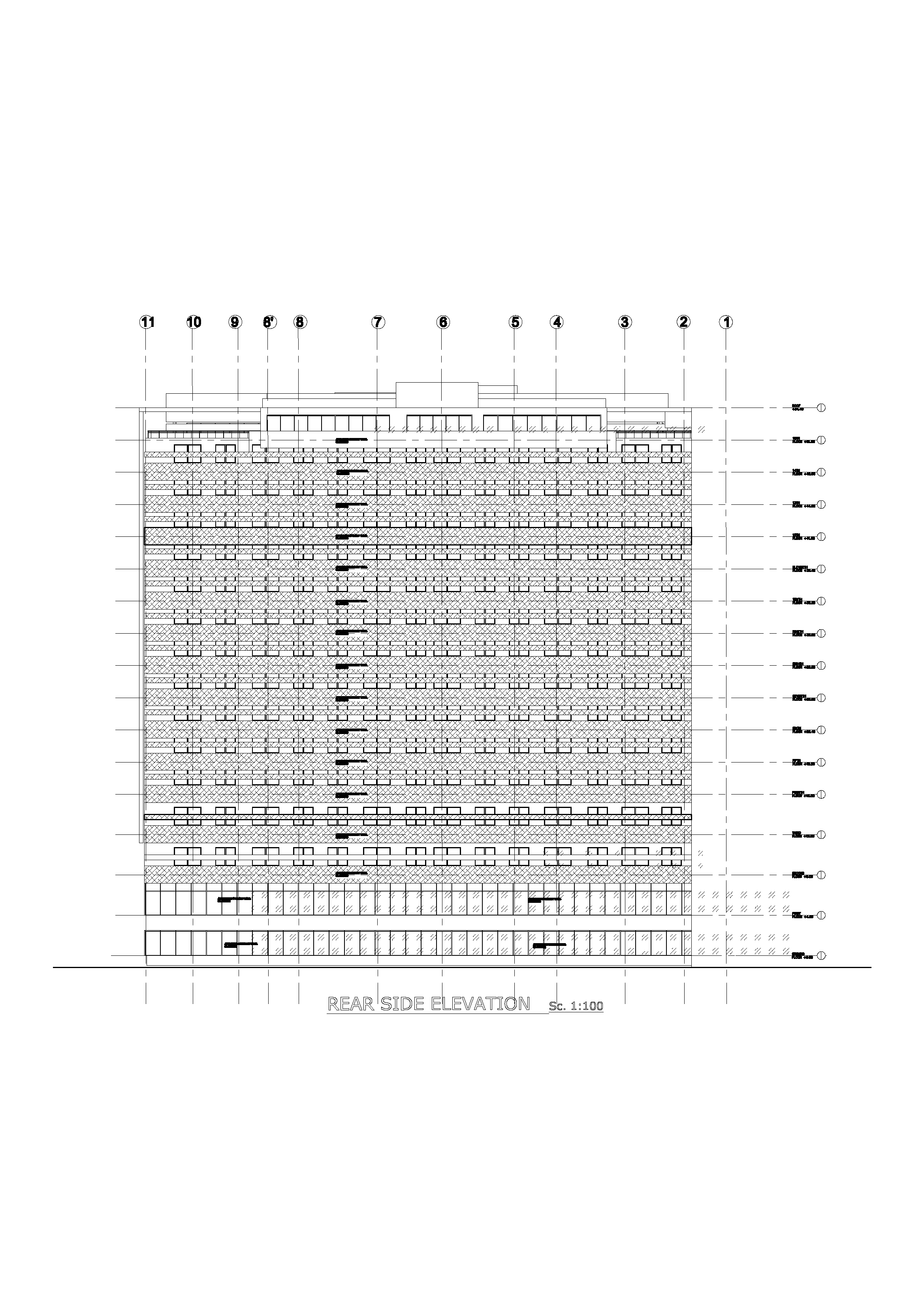 Rear elevation showing service access and the transition between podium and tower.