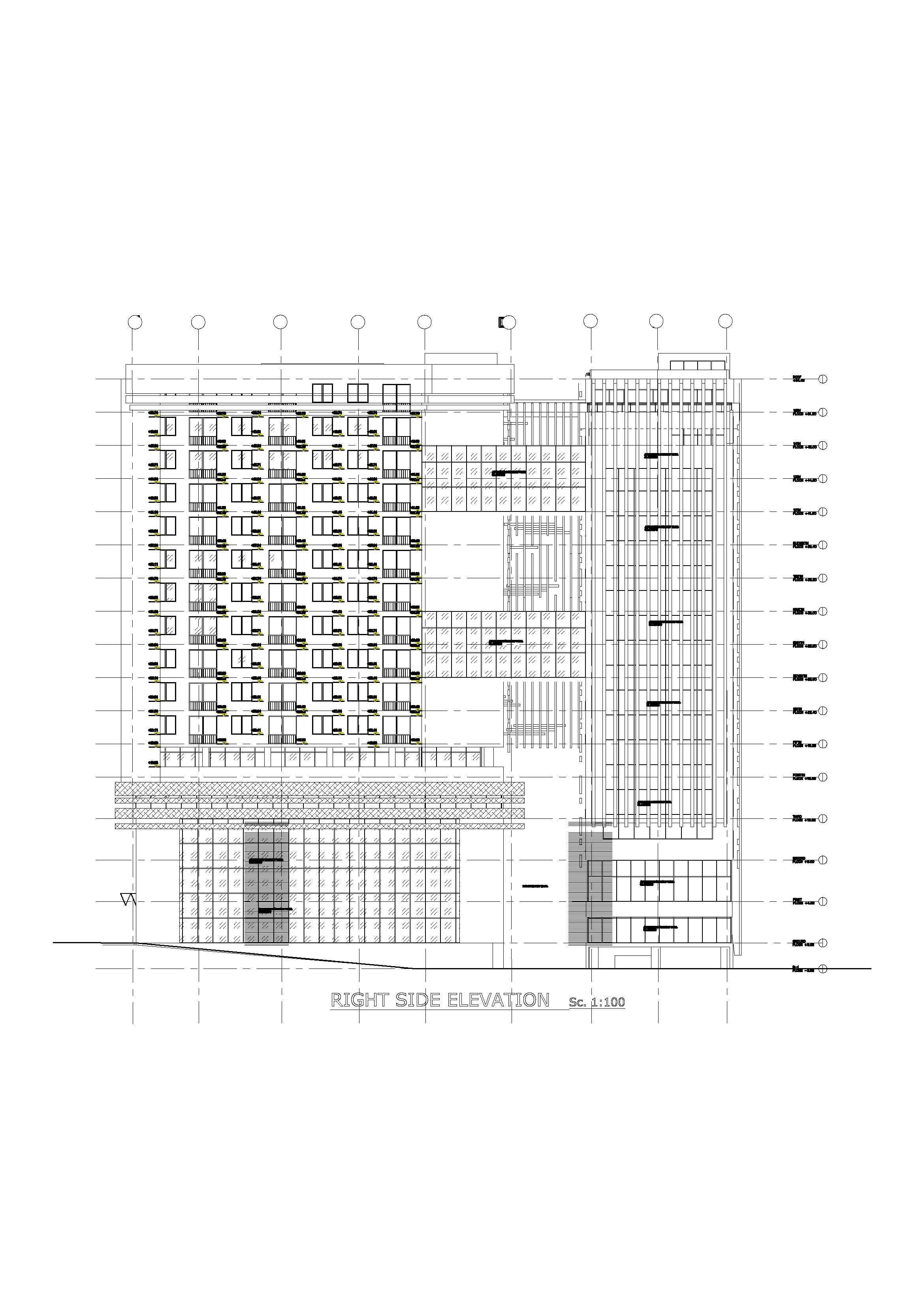 Right elevation with the residential tower rising above the commercial base.