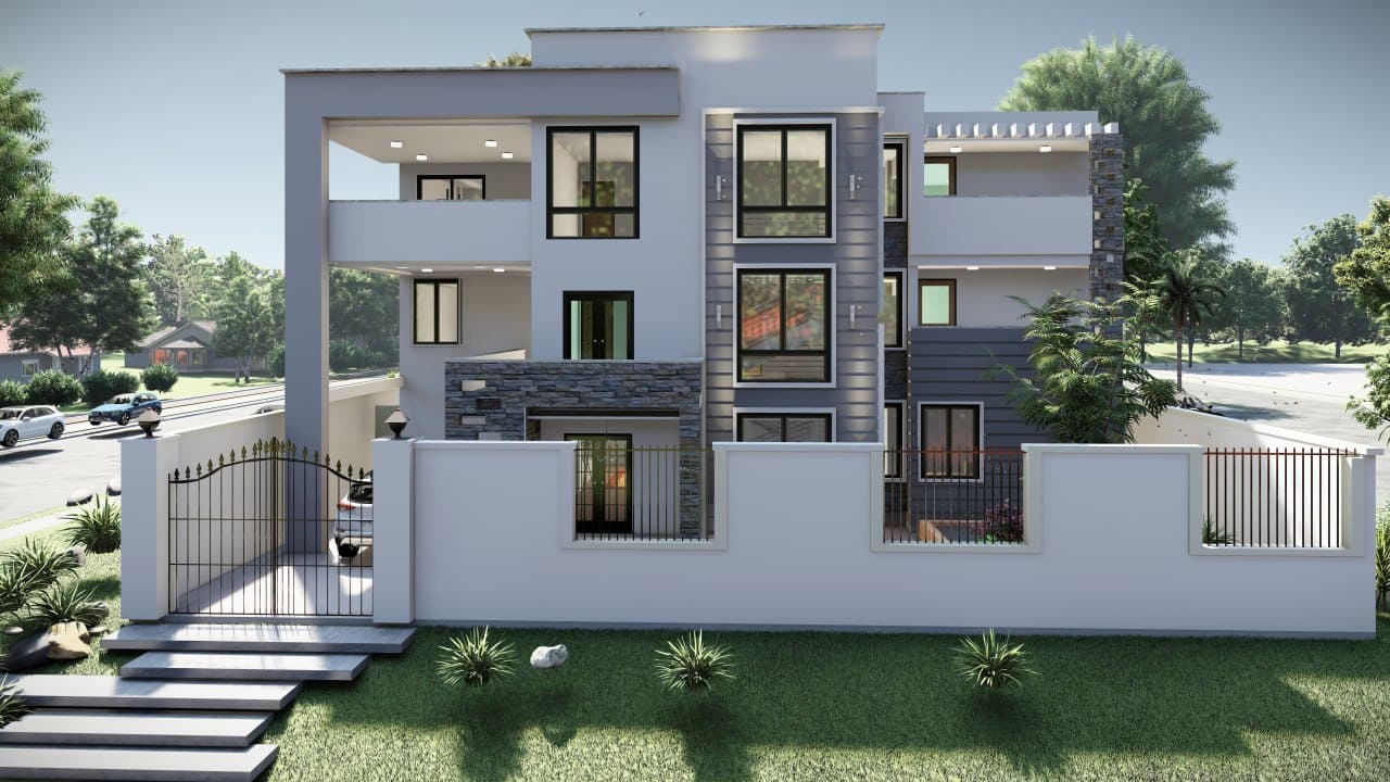 Natural stone, white render, and charcoal cladding create a layered material composition.