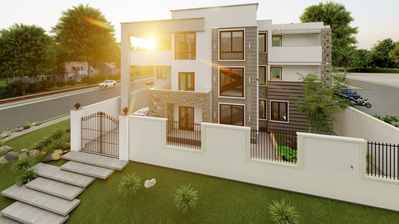 The compound wall frames private gardens while the building steps back to create outdoor living spaces.